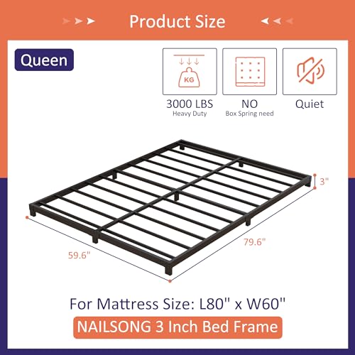 Nailsong 3-Inch Low Profile Queen Bed Frame - Sturdy Metal Platform