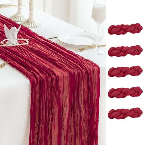 Sioloc Burgundy Cheesecloth Table Runner 10ft 5pc Set — Rustic Boho Wedding Decor