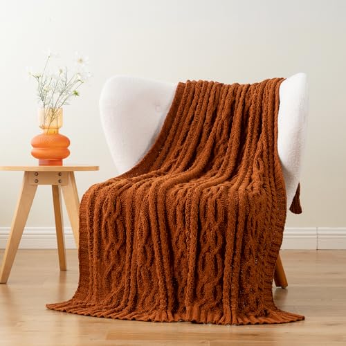 Battilo Caramel Rust Orange Throw Blanket for Couch 51x67 Cable Knit Chenille