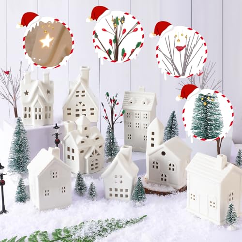 Tioncy 26-Piece Ceramic Christmas Village Set with Trees, Lights & Decor