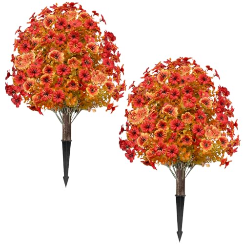 Artificial Fall Mums Topiary Tree Set - 25 Inch Outdoor Faux Greenery with Spike - UV Resistant Garden Decor - Variation of This Listing
