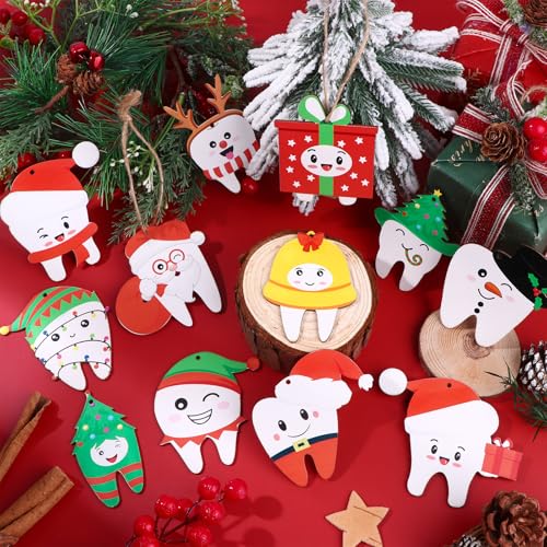 48Pcs Christmas Tooth Ornaments Set - Funny Wooden Dentist Holiday Decor