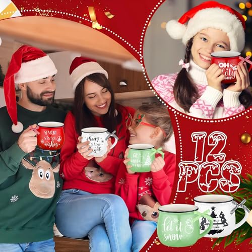 12oz Christmas Mugs Set - 12 Ceramic Coffee Cups in Red, Green & White
