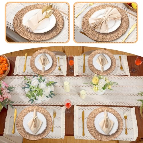 Gandeer 4 Sets Boho Table Runner & Placemats Set, White 12x72" - 4 Rectangular & 4 Round Placemats