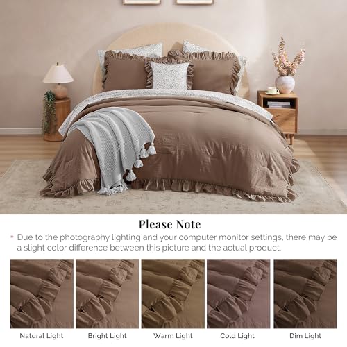 BLOOMHAVEN King Size Comforter Set Amber Brown - 7 Pieces Ruffle Floral Bedding