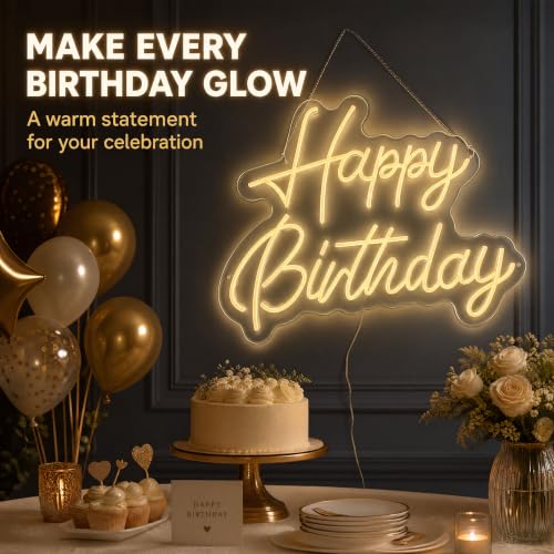 Happy Birthday Neon Sign 22x16.9in LED Dimmable Warm White - Wall Decor & Photo Prop