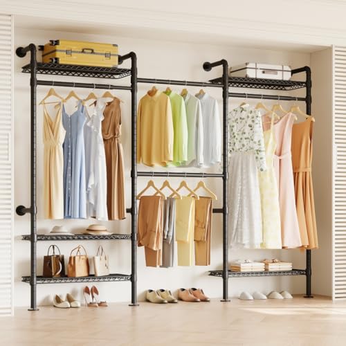 Higeego W3 Wall Mounted Clothes Rack - Black Industrial Pipe Closet System, Adjustable & Heavy Duty