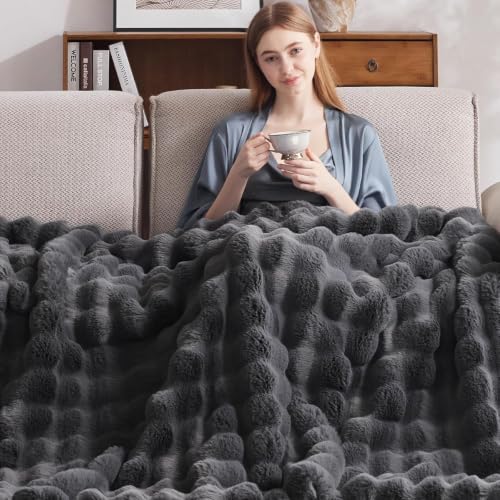 Electric Heated Blanket Throw with 6 Heat Levels, Auto-Off Timer 62x84 Dark Grey Faux Rabbit Fur