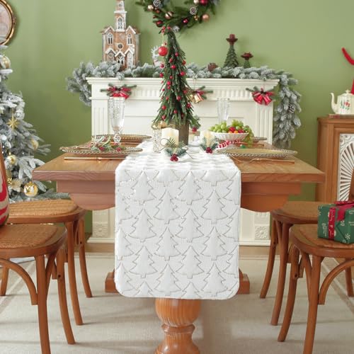 Christmas Tree Table Runner, 90 Inches Long Plush Gold Sequin Glitter Table Runners for Dining/Parties/Holiday Decorations (White, 13" x 90", Table Runner)
