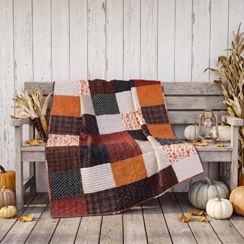 Fall Pumpkin Patchwork Quilted Throw Blanket 50x66 Inches - Autumn Decor