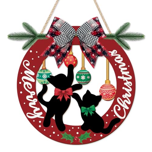 3D Black Cat Merry Christmas Door Sign Wreath Decor 12x12 inch (Variation: Black Cat Merry Christimas)