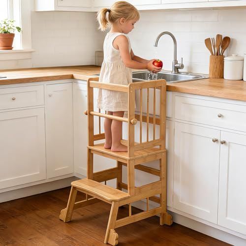 HBTower Kids Kitchen Step Stool with Safety Rails - Toddler Standing Tower, Eco-Friendly Bamboo, Easy Assembly