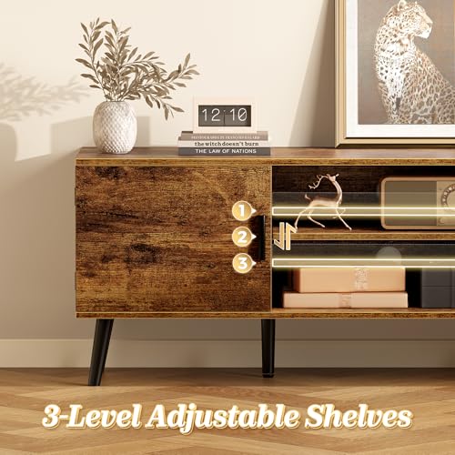 55 Inch TV Stand with Rustic Brown Finish - Adjustable Shelf & Storage Cabinets - 53.9" Length