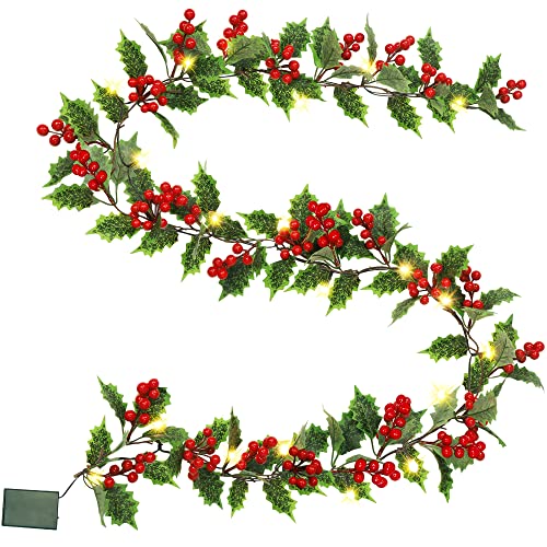 ATDAWN 7 FT Red Berry Christmas Lighted Garland, Battery Operated Christmas Garland with Lights, Flexible Artificial Garland for Indoor Home Fireplace Christmas Holiday New Year Decoration