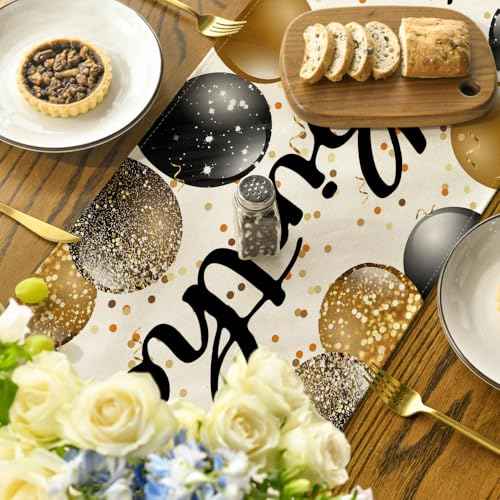 Artoid Mode Beige and Golden Balloon Happy Birthday Table Runner, Seasonal Kitchen Dining Table Decoration for Home Party Decor 13x72 Inch