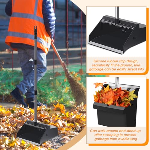 Dust Pan Set with Long Handle - 4 Black Heavy-Duty Plastic Bins & Comb Stand