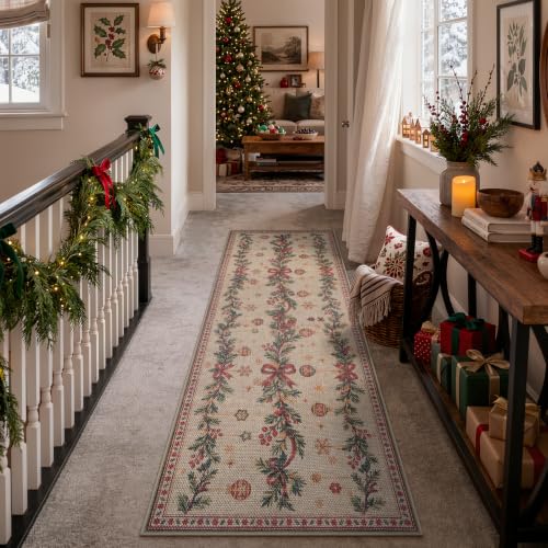 Lahome 2x6 Christmas Runner Rug - Non Slip Faux Jute Hallway Kitchen with Evergreen Bows Snowflakes