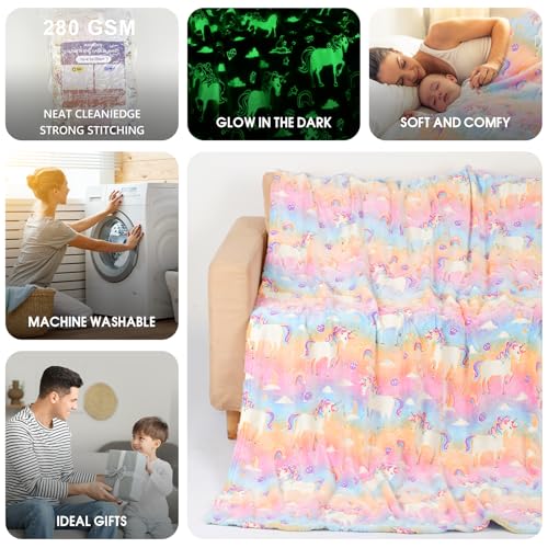 Glow in The Dark Blanket Unicorns Gifts for Kids, Soft Unicorns Blanket Gift Toys for Toddler Girls Age 2-16 Birthday Christmas 50""x60"", A0003