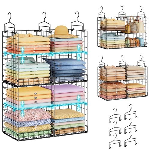 Heavy Duty Metal Closet Organizer with Adjustable Dividers & Hooks - Split into 2 Units