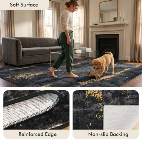 Black/Gold 8x10 Washable Area Rug Non-Slip Modern Abstract Living Room