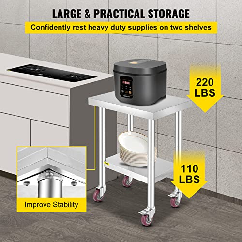 24x18x34 Inch Stainless Steel Work Table with Adjustable Shelf and Casters - Heavy Duty Kitchen Prep Station