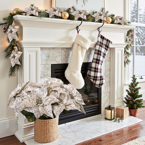 Poinsettia Artificial Flowers, 16-Piece 17in Glitter Christmas Bouquets for Indoor Outdoor Decor