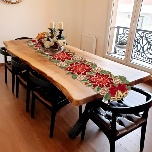 Christmas Tree Table Runner 14x108 in Red Green Winter Linen with Embroidery
