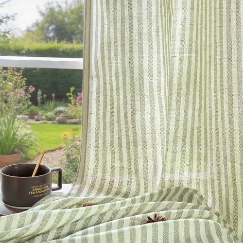 Jinchan Linen Curtains 50W x 84L Sage Green Stripe Grommet Panel Set - Farmhouse Style