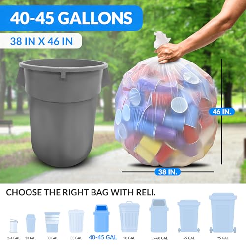 Reli. 40-45 Gallon Heavy Duty Trash Bags Pack of 150 - Leak-Proof Clear Waste Bags