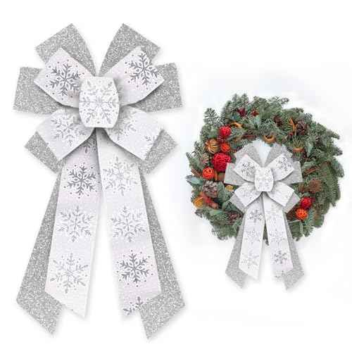 Large Christmas Bow for Wreath, Glitter Sliver Snowflak Wreath Bow for Christmas D?cor Winter Snowflake Bow for Front Door Indoor Outdoor Wall Tree Topper Decoration Supplies Xmas Ornament