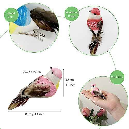 LWINGFLYER 12pcs Clip on Artificial Birds Small Feather Birds Ornament for Spring Tree Decoration Wreaths Crafts Floral Arrangements (Model - Y18)