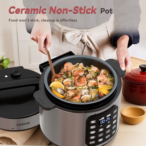 Carori 6 Qt Electric Pressure Cooker with 9 Functions, Programmable Touchscreen, Silver