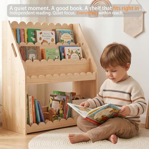 Kids Bookcase with 4-Tier Scalloped Design Montessori Toddler Wood Shelf