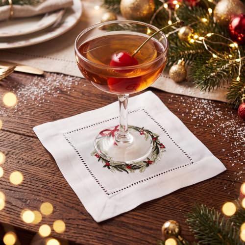 Moukeren 6 Pack Linen Christmas Cocktail Napkins with Hemstitch - Xmas Wreath Design