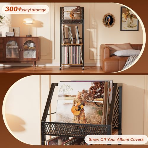 Vinyl Record Storage Holder for 300 Albums - 3-Tier Rolling Shelving Unit with Dividers