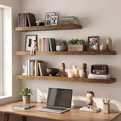 Vivelove Set of 2 Rustic Brown Floating Wall Shelves 48 x 8 Inches