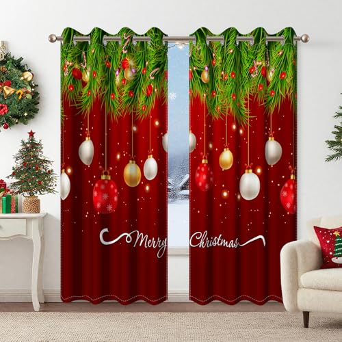 Christmas Blackout Curtains 53x63 in Red (2 Panels) - Living Room Window Drapes