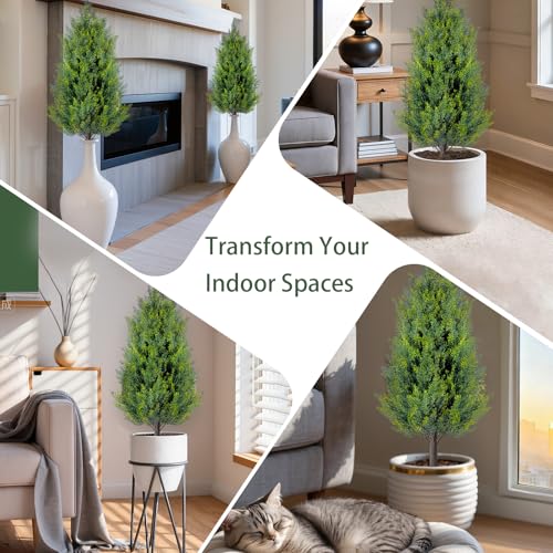 3FT Artificial Cedar Topiary Trees with Ground Spike - Realistic Faux Plants for Indoor Outdoor Porch Garden Set of 2 - Evergreen UV Resistant