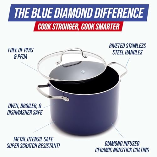Blue Diamond 8QT Diamond Infused Ceramic Nonstick Stockpot with Lid – Blue, Large Capacity