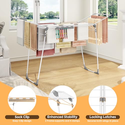Heavy Duty Folding Clothes Drying Rack 68.5 Inch with Sock Clips - Large Laundry Organizer