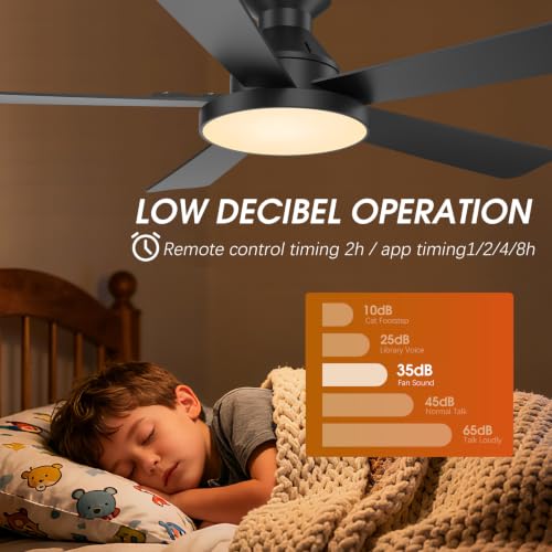 52-Inch Black Ceiling Fan with Lights, Reversible Motor & Remote Control - Low Profile Flush Mount