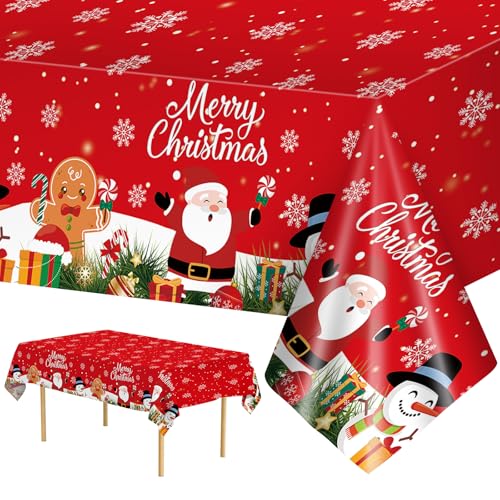 2 Pcs Christmas Tablecloth - Plastic Merry Christmas Table Cloth, Red Disposable Rectangle Cute Santa Claus Snowman Xmas Table Cover for Christma Party Decorations Favors Tables Decor, 108 x 54 Inch