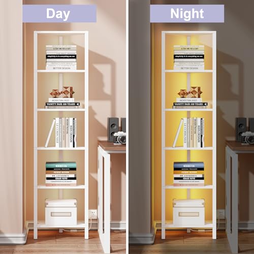 TUTOTAK White 6-Tier Corner Bookshelf with LED Light - Space-Saving Storage