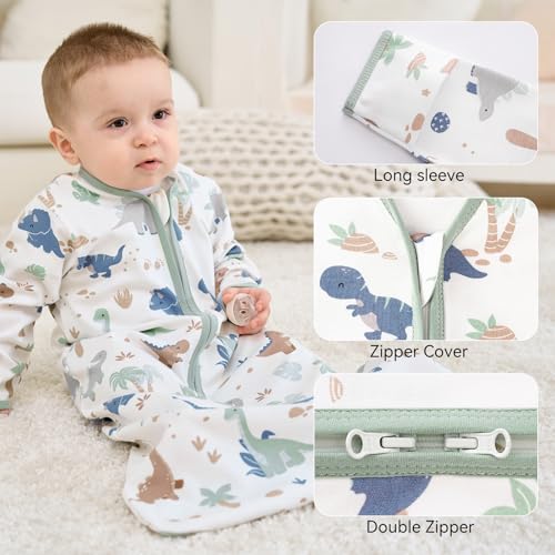 FIEMOL Baby Sleep Sack 6-12 Months Green Dinosaur 2-Pack - Long Sleeve Wearable Blanket with Mittens & 2-Way Zipper