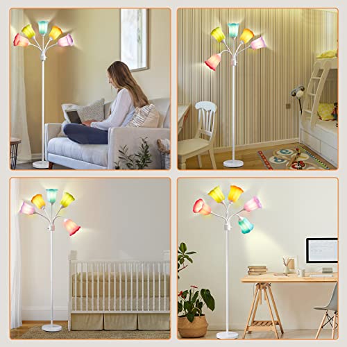 Medusa LED Floor Lamp with 6 Color Tulip Shades, Adjustable Gooseneck, Tall Standing Lamp for Living Room Bedroom Kids Room Office - White