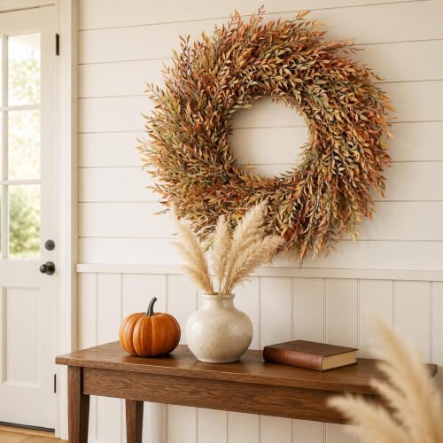 Artificial Fall Nandina Wreath 26 Inch for Front Door Decoration - Orange Green