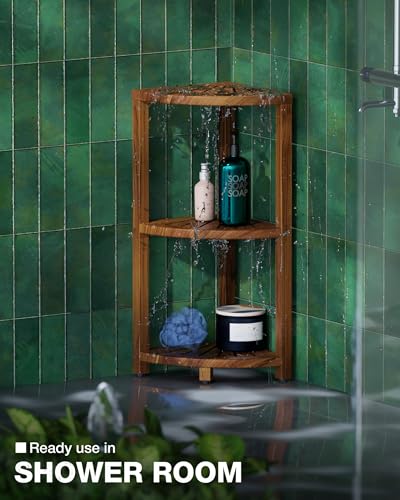 3-Tier Wooden Corner Shower Caddy Organizer with Anti-Slip Feet
