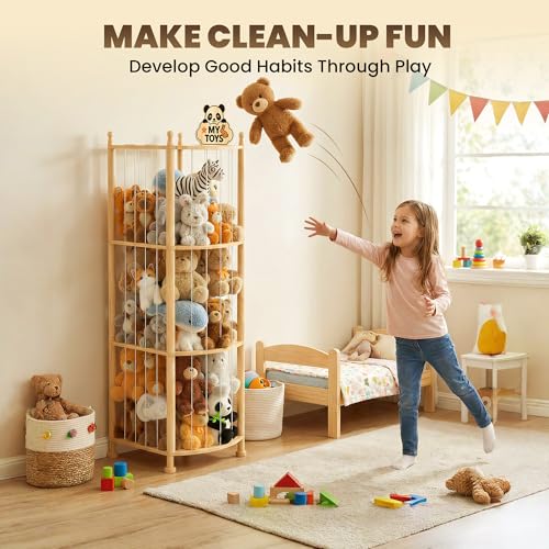 Kids Wooden Stuffed Animal Storage Organizer with Elastic Cords - Toy Zoo Tower