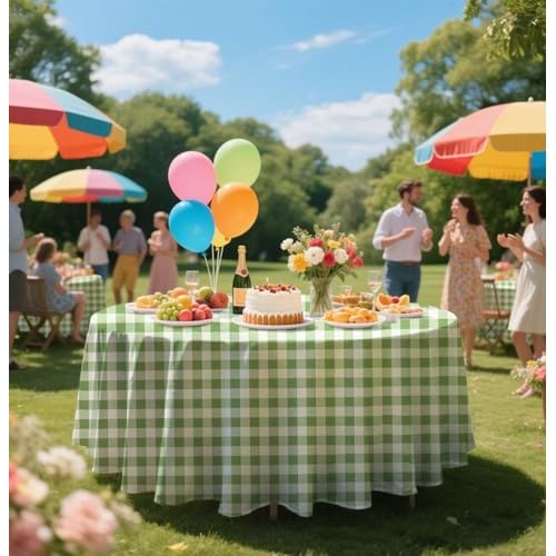 HEIPINIUYE 3 Pack Sage Green Gingham Tablecloth Disposable 84 x 84 Inch Sage Green and White Plaid Plastic Table Cover Disposable Round Table Cloth for Party Birthday Picnic Checkered Tablecloths