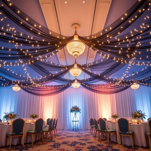 60" x 120" Black Ceiling Curtains Pack of 6 for Weddings & Events - Wrinkle-Free Tulle Drapes